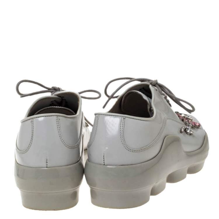 Pre Owned Prada White Crystal Embellished Leather Lace Up Sneakers Size 37.5