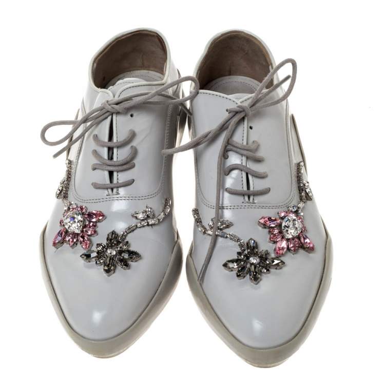 Pre Owned Prada White Crystal Embellished Leather Lace Up Sneakers Size 37.5