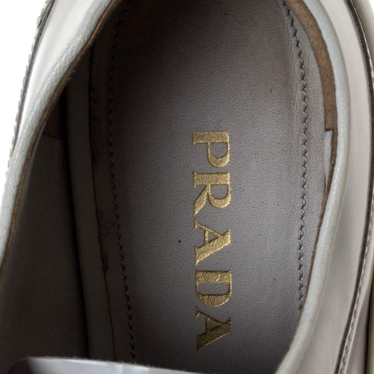 Pre Owned Prada White Crystal Embellished Leather Lace Up Sneakers Size 37.5