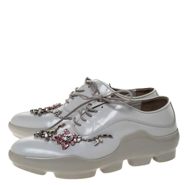 Pre Owned Prada White Crystal Embellished Leather Lace Up Sneakers Size 37.5