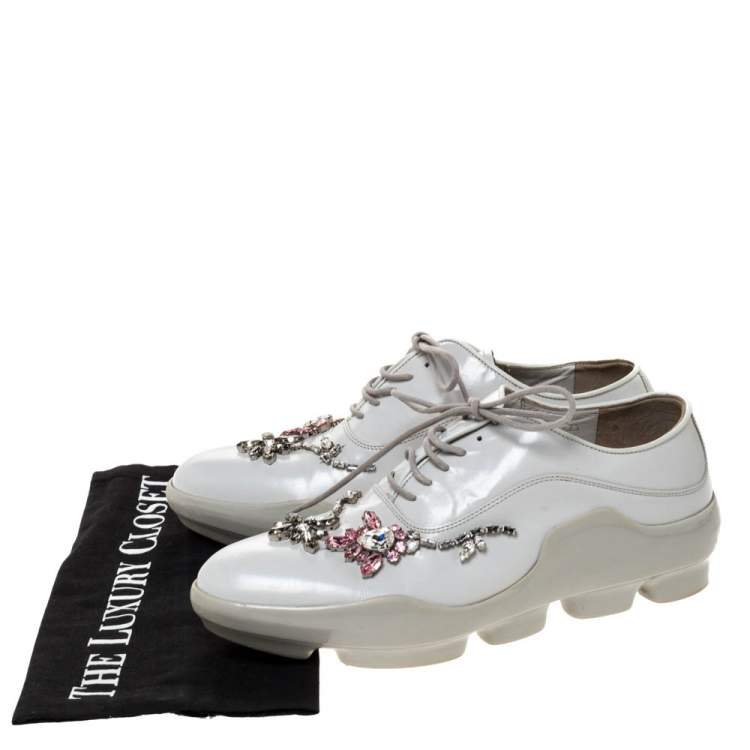 Pre Owned Prada White Crystal Embellished Leather Lace Up Sneakers Size 37.5