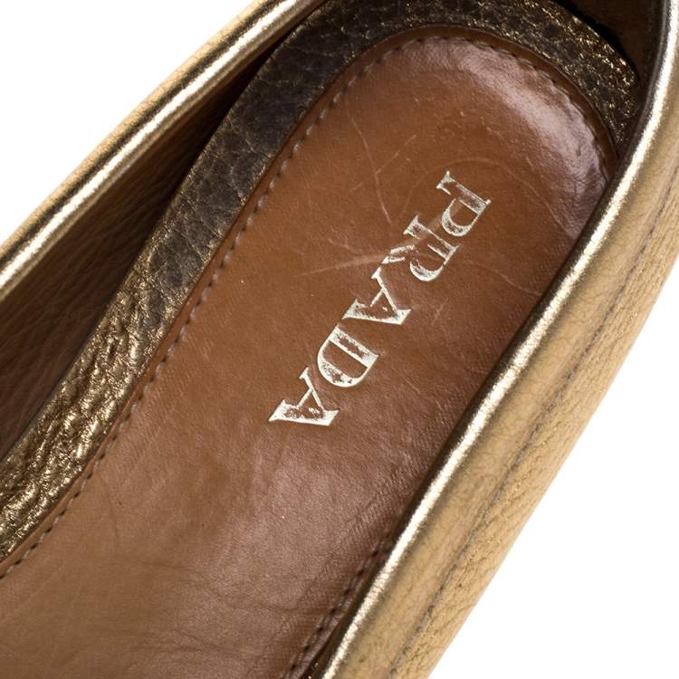 Pre Owned  Prada Metallic Gold Leather Bow Slip On Loafers Size 37.5