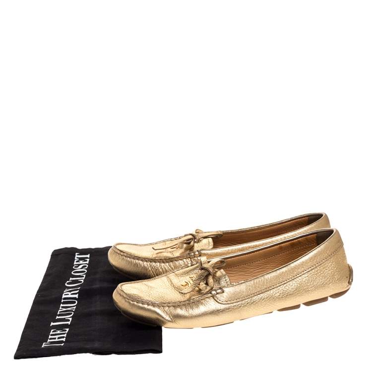 Pre Owned  Prada Metallic Gold Leather Bow Slip On Loafers Size 37.5