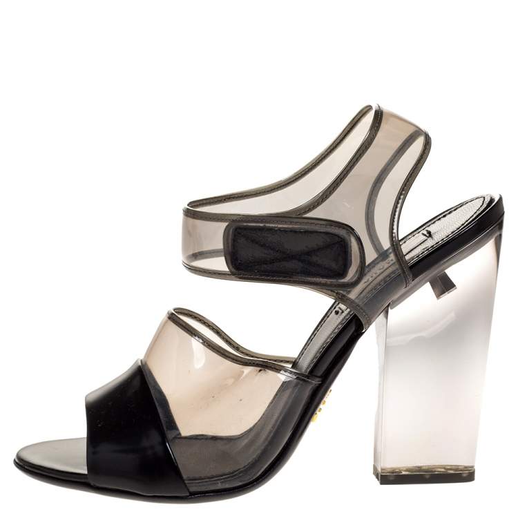 Prada Black Leather And PVC Ankle Strap Lucite Heel Sandals Size 37 Prada |  TLC