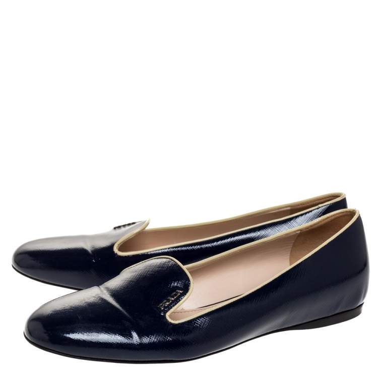 Pre Owned Prada Dark Blue Patent Saffiano Leather Smoking Slippers Size 40.5