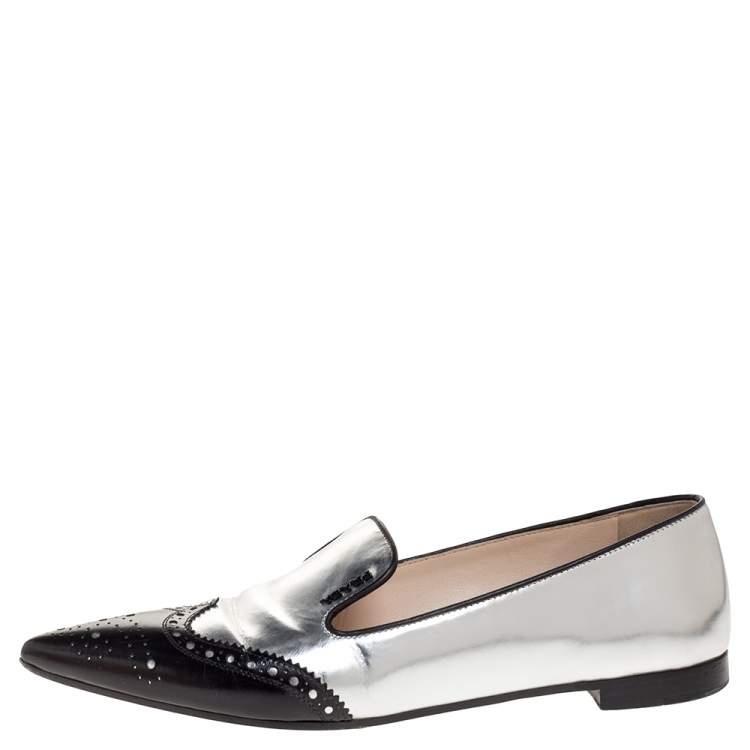 Pre Owned Prada Silver/Black Brogue Leather Pointed Toe Smoking Slippers Size 37