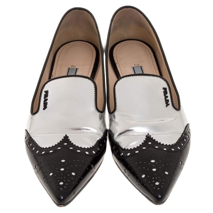 Pre Owned Prada Silver/Black Brogue Leather Pointed Toe Smoking Slippers Size 37
