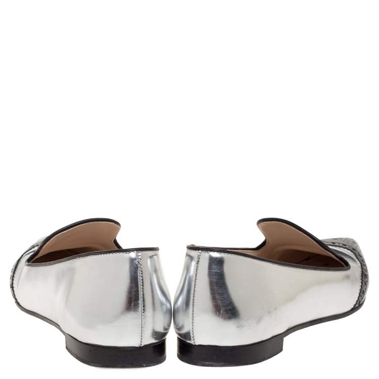 Pre Owned Prada Silver/Black Brogue Leather Pointed Toe Smoking Slippers Size 37