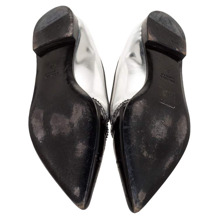Pre Owned Prada Silver/Black Brogue Leather Pointed Toe Smoking Slippers Size 37