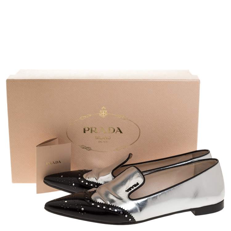 Pre Owned Prada Silver/Black Brogue Leather Pointed Toe Smoking Slippers Size 37