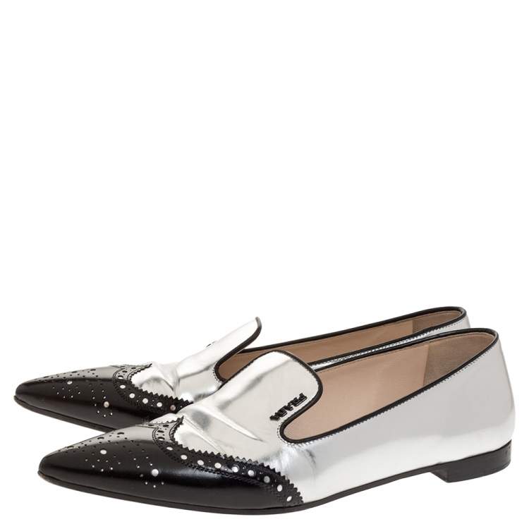 Pre Owned Prada Silver/Black Brogue Leather Pointed Toe Smoking Slippers Size 37