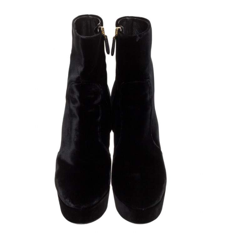 Pre Owned Prada Black Velvet Block Heel Platform Ankle Boots Size 38.5