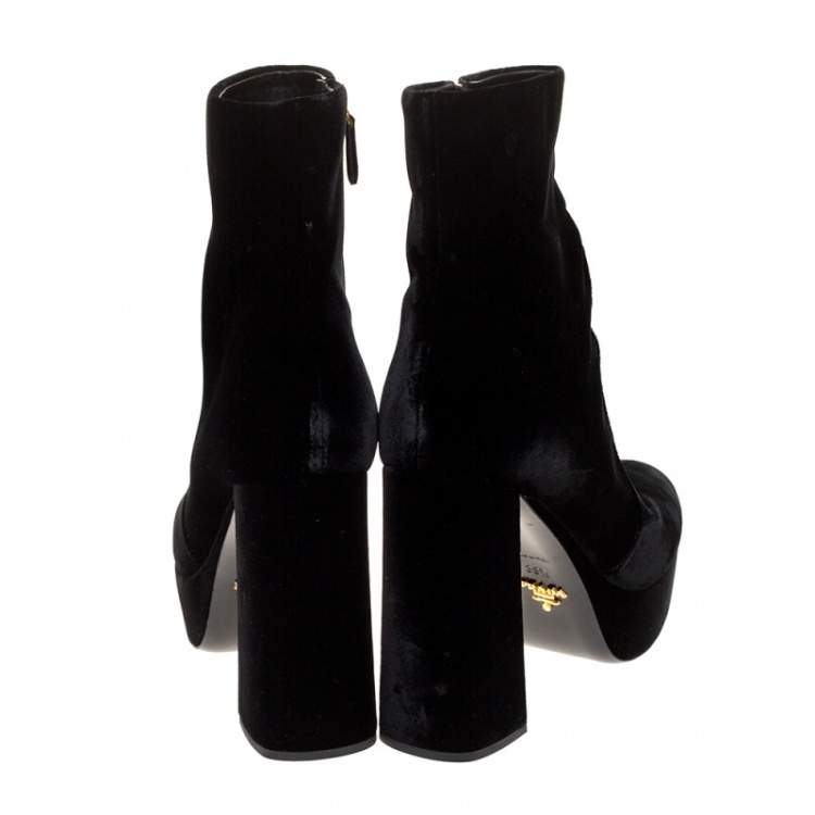 Pre Owned Prada Black Velvet Block Heel Platform Ankle Boots Size 38.5