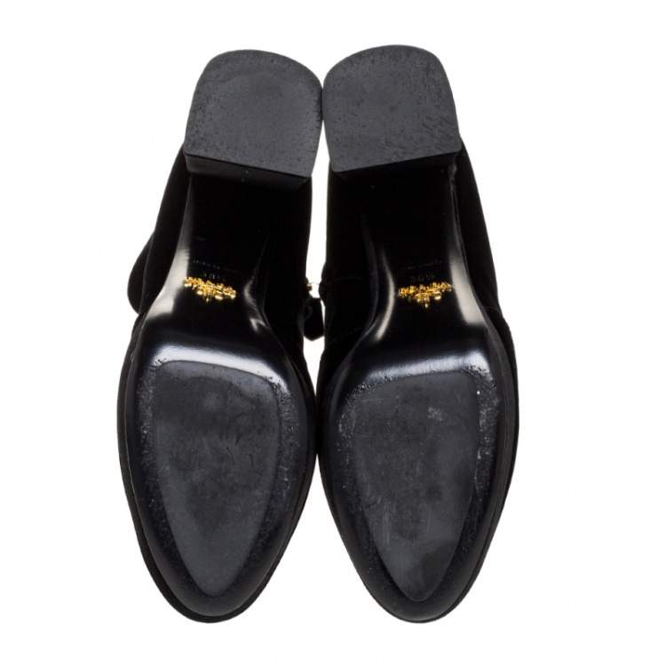 Pre Owned Prada Black Velvet Block Heel Platform Ankle Boots Size 38.5
