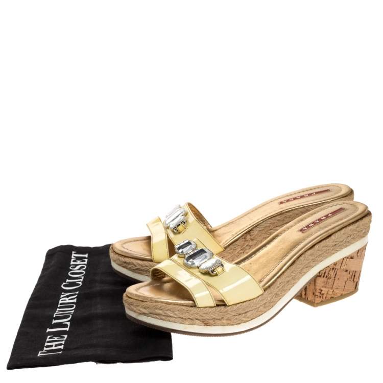 Pre Owned Prada Sport Yellow Patent Leather Cork Wedge Espadrille Slide Sandals Size 38.5