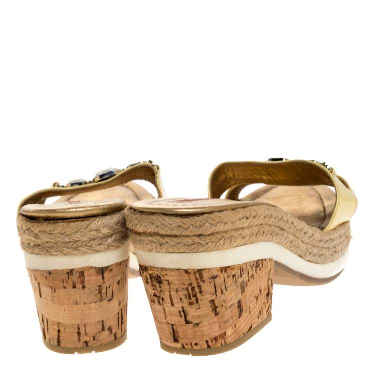 Pre Owned Prada Sport Yellow Patent Leather Cork Wedge Espadrille Slide Sandals Size 38.5