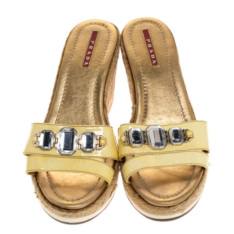 Pre Owned Prada Sport Yellow Patent Leather Cork Wedge Espadrille Slide Sandals Size 38.5