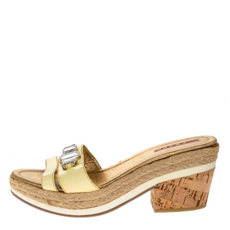 Pre Owned Prada Sport Yellow Patent Leather Cork Wedge Espadrille Slide Sandals Size 38.5