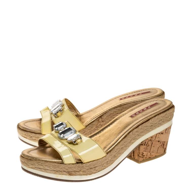 Pre Owned Prada Sport Yellow Patent Leather Cork Wedge Espadrille Slide Sandals Size 38.5