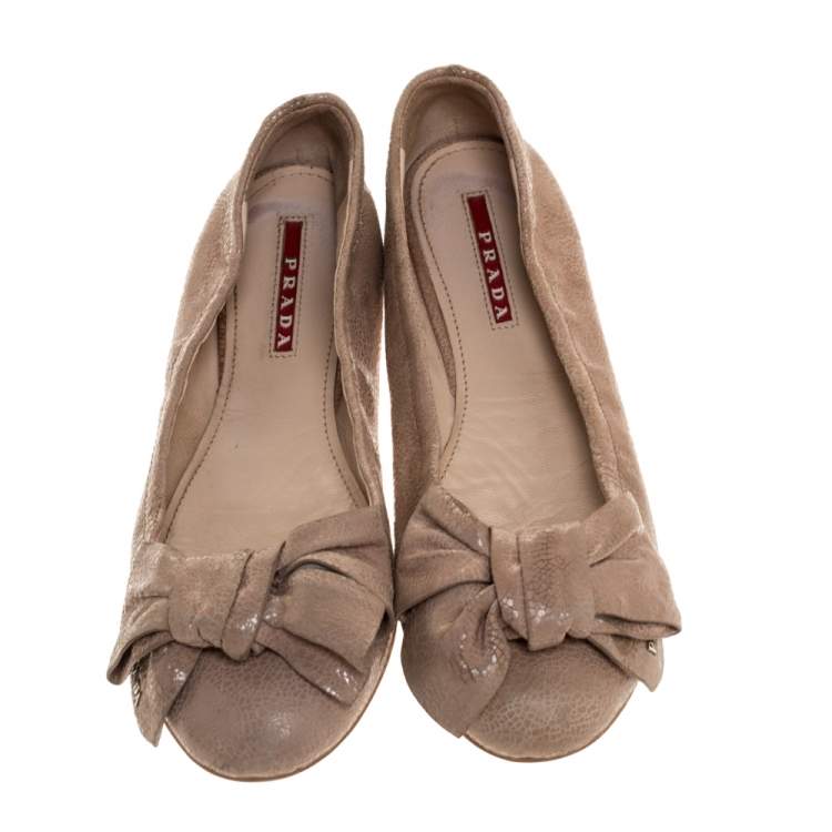 Pre Owned Prada Beige Textured Leather Bow Ballet Flats Size 37