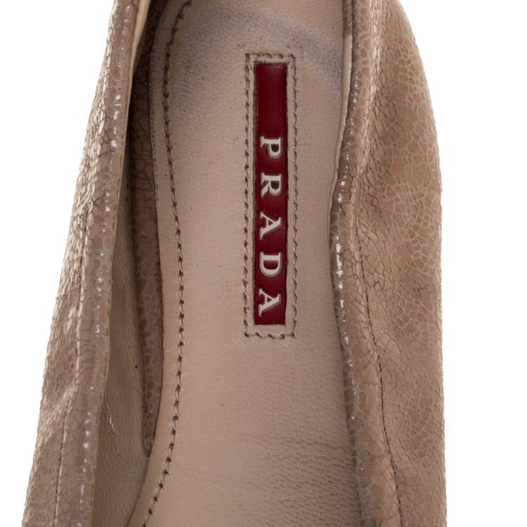Pre Owned Prada Beige Textured Leather Bow Ballet Flats Size 37