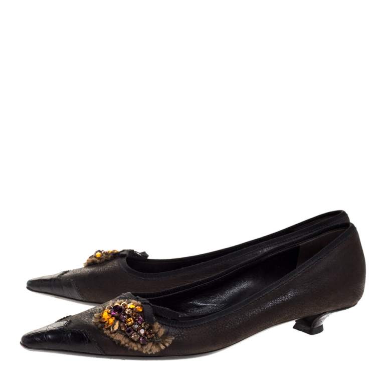 Pre Owned Prada Dark Brown Leather Crystal Embellished Vintage Pointed Pumps Size 36.5