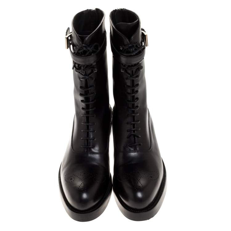 Pre Owned Prada Black Leather Combat Boots Size 38