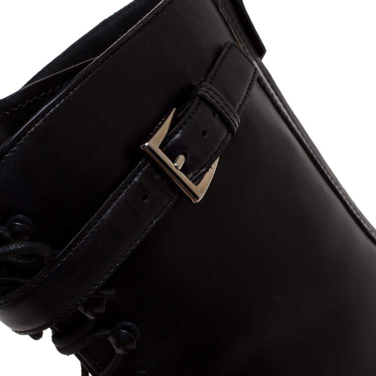 Pre Owned Prada Black Leather Combat Boots Size 38