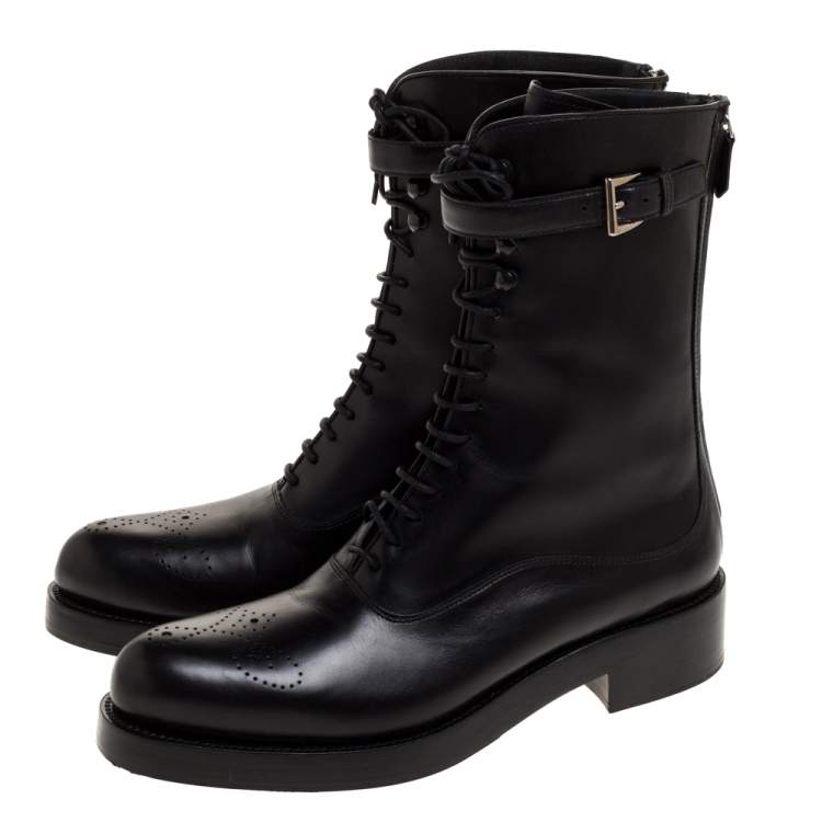 Pre Owned Prada Black Leather Combat Boots Size 38