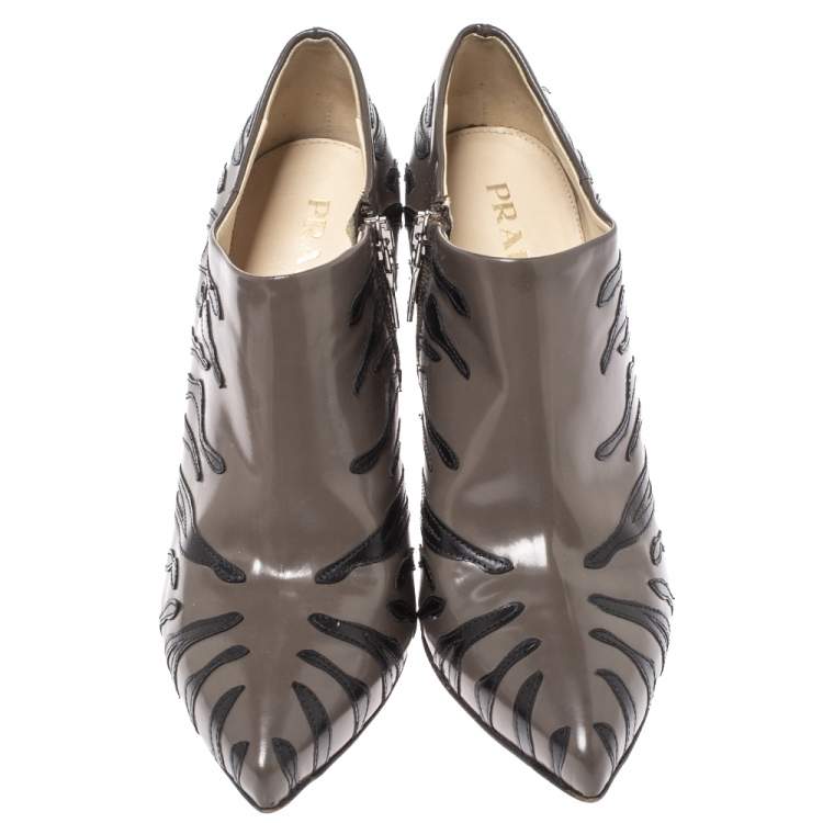 Pre Owned Prada Grey/Black Leather Tiger Stripe Detail Pointed Toe Ankle Booties Size 37