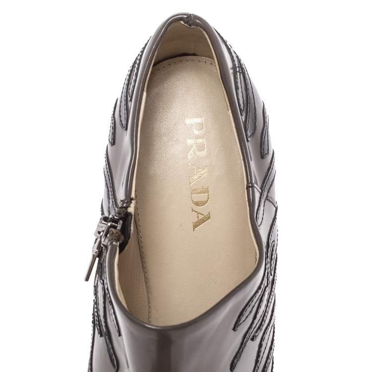 Pre Owned Prada Grey/Black Leather Tiger Stripe Detail Pointed Toe Ankle Booties Size 37