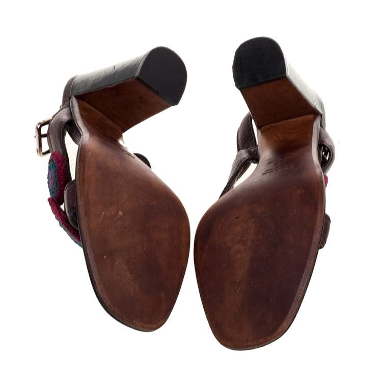 Pre Owned Prada Brown Leather Embellished Cross Strap Slingback Sandals Size 38