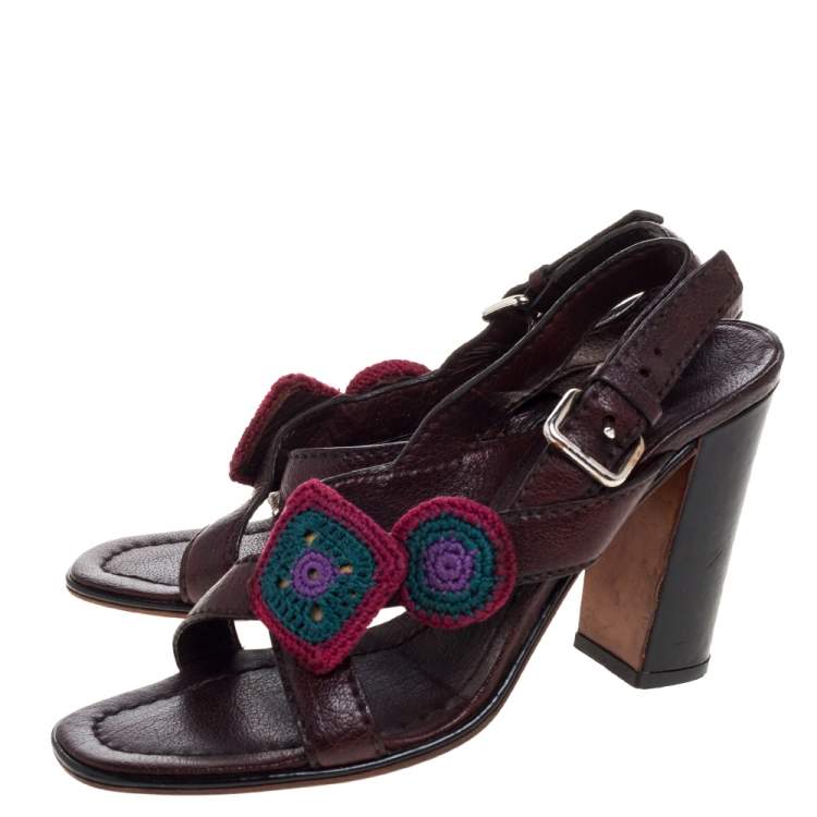 Pre Owned Prada Brown Leather Embellished Cross Strap Slingback Sandals Size 38