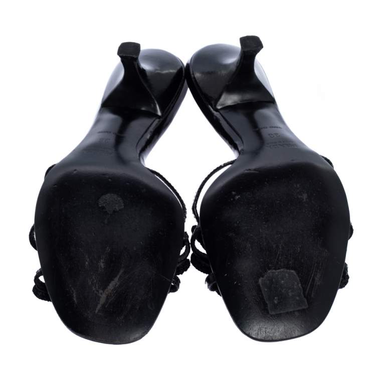 Pre Owned Prada Black Leather and Fabric Crochet Detail Slide Sandals Size 36