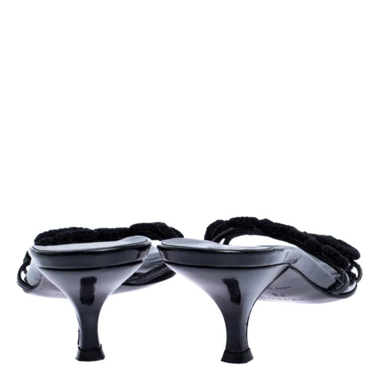 Pre Owned Prada Black Leather and Fabric Crochet Detail Slide Sandals Size 36