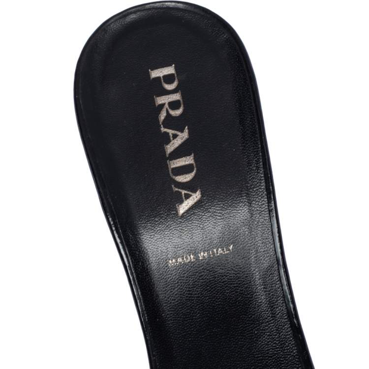 Pre Owned Prada Black Leather and Fabric Crochet Detail Slide Sandals Size 36