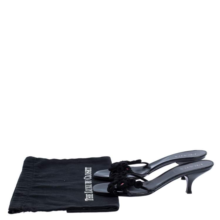 Pre Owned Prada Black Leather and Fabric Crochet Detail Slide Sandals Size 36