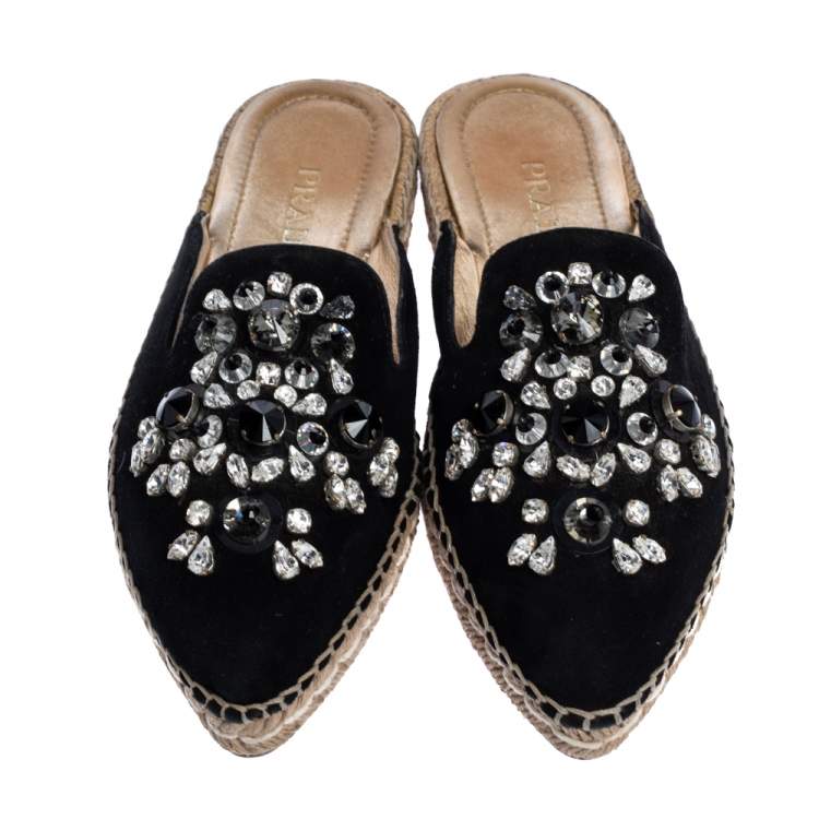 Prada Black Suede Crystal Embellished Pointed Toe Espadrille Mules Size 36