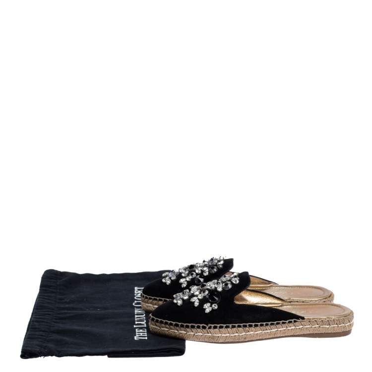 Prada Black Suede Crystal Embellished Pointed Toe Espadrille Mules Size 36
