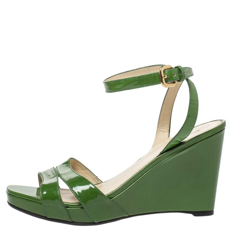 Prada Green Patent Leather Wedge Platform Ankle Strap Sandals Size 39 Prada  | TLC