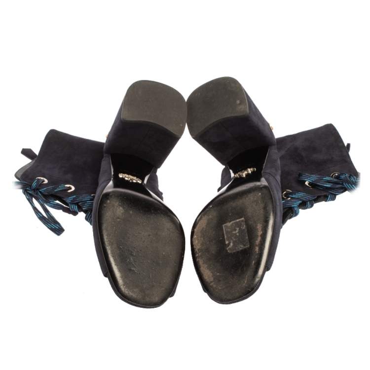 Pre Owned Prada Blue Suede Cut Out Lace Up Open Toe Block Heel Ankle Boots Size 40