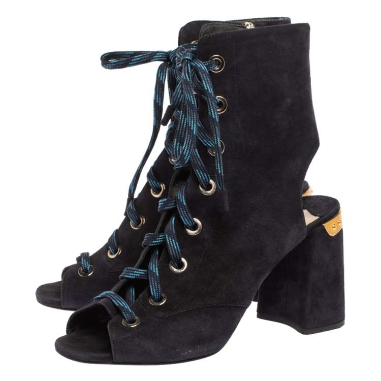 Pre Owned Prada Blue Suede Cut Out Lace Up Open Toe Block Heel Ankle Boots Size 40