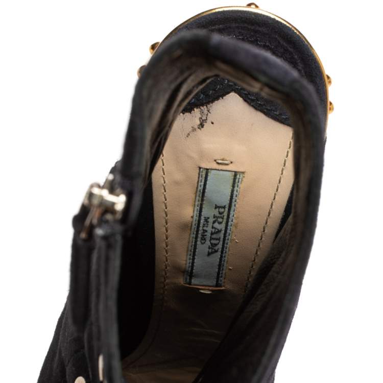 Pre Owned Prada Blue Suede Cut Out Lace Up Open Toe Block Heel Ankle Boots Size 40