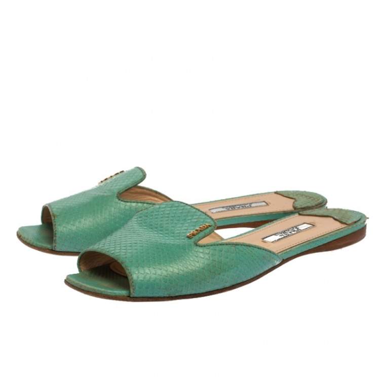 Pre Owned Prada Green Ayers Snake Leather Flat Slides Size 37