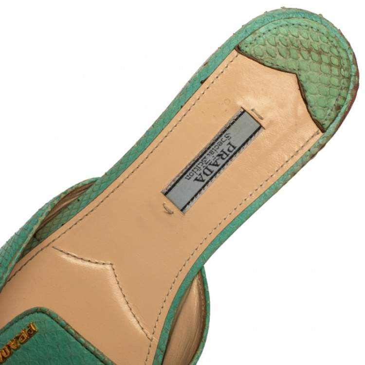 Pre Owned Prada Green Ayers Snake Leather Flat Slides Size 37