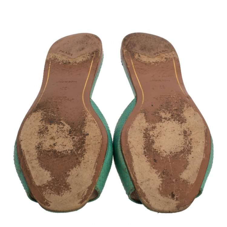 Pre Owned Prada Green Ayers Snake Leather Flat Slides Size 37