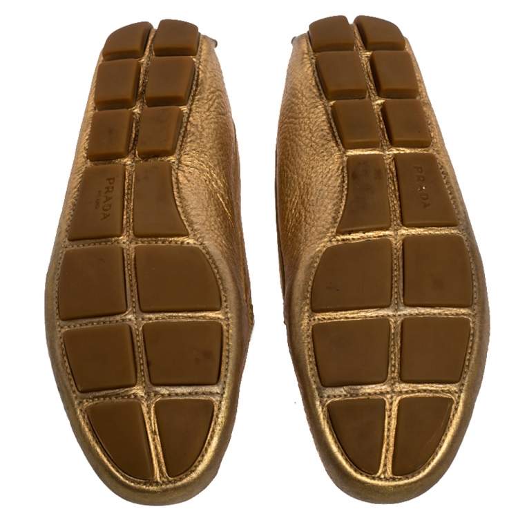 Pre Owned Prada Metallic Gold Leather Bow Slip On Loafers Size 39