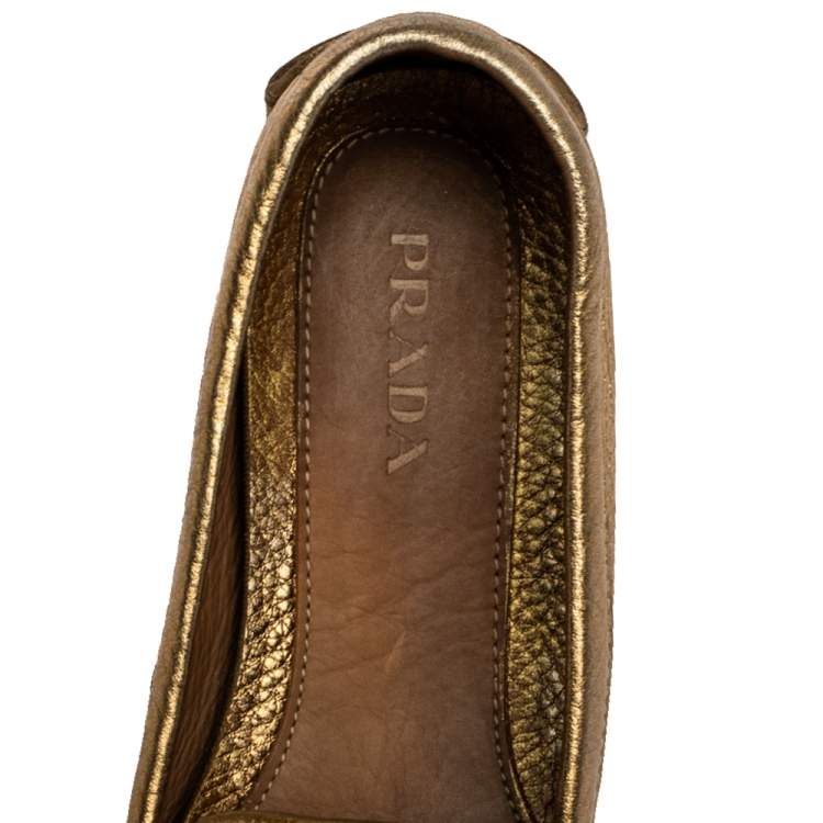 Pre Owned Prada Metallic Gold Leather Bow Slip On Loafers Size 39