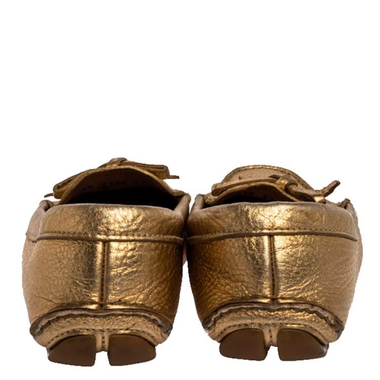 Pre Owned Prada Metallic Gold Leather Bow Slip On Loafers Size 39