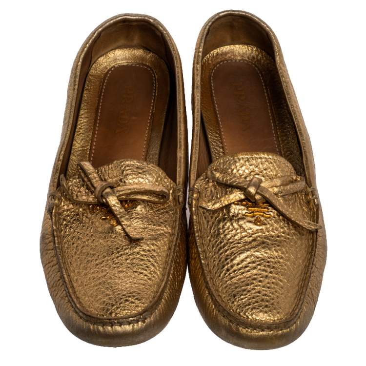 Pre Owned Prada Metallic Gold Leather Bow Slip On Loafers Size 39